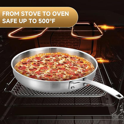 Inqibee 8.5-10-12 Inch Tri-Ply Stainless Steel Frying Pan set of 3 with a Lid,Skillets,Induction Cooking Pans,Pots and Pans Set,Oven and Dishwasher Safe,Detachable Handle.