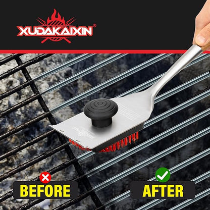 Nylon Grill Brush,Dual Grip Design,with Extended Luxurious Acaciawood Handle,Safe Nylon Bristles Barbecue Triple Scrubbers Cleaning Brush for Cast Iron Grates/Porcelain/Charcoal Grill