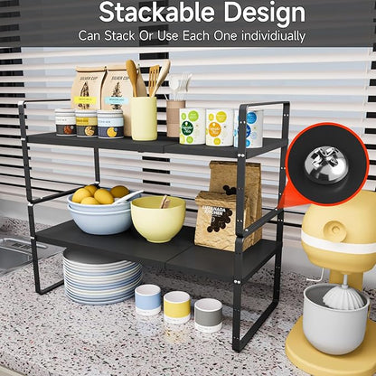 16.5-27’’L Expandable Kitchen Shelf Organizer, Stackable Shelves Organizer, Adjustable Height Pantry Spice Rack for Cabinet, Countertop, Pantry and Cupboard, Black
