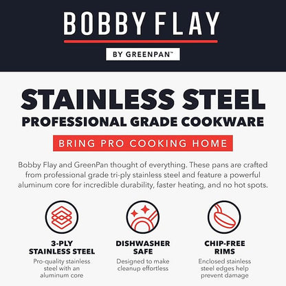 GreenPan x Bobby Flay Stainless Steel 12 Piece Cookware Pots & Pans Set, Professional Grade Tri-Ply, Multiclad, PFAS-Free Ceramic Nonstick, Induction Suitable, Dishwasher & Oven Safe,Stay Cool Handles