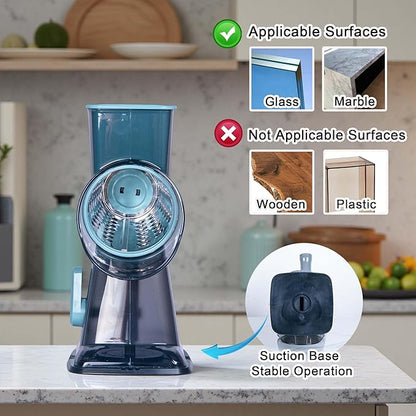 Rotary Cheese Grater Cheese Shredder, Cheese Grater Handheld with Strong Suction Base,Kitchen Vegetable Slicer 3 Replaceable Stainless Drum Blades for Fruit, Food, Nuts,Easy to Use Clean (Blue)