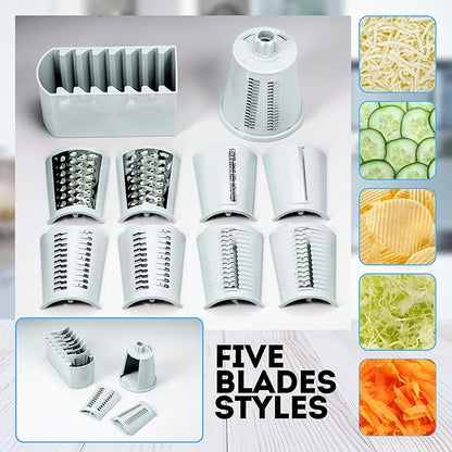 5 in 1 Rotary Cheese Grater with Handle – Stainless Steel Blades, Vegetable Slicer, Shredder, Carrot & Cabbage Grater, Nut Grinder, Easy to Clean Kitchen Gadget (Light Grey)
