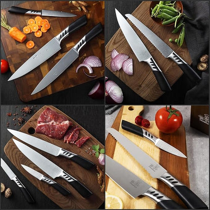 Knife Block Set, 7 Piece Cooking Knife Set, Premium Kitchen Knife Set with Knife Block and Sharpener, Hardwood Brown Knife Set，New Apartment Gift