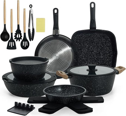 23pcs Ceramic Pots and Pans Set, Nonstick Detachable Handle Cookware, Induction Kitchen Cooking Set with Removable Handle,include Frying Pans & Saucepans Oven Safe (Black)
