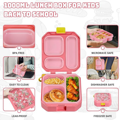 Itslife Bento Lunch Box Set for Kids with 12oz Soup Thermo&Lunch Bag, Leak-Proof Lunch Food Containers for Kids School, 5 Compartment, Sauce Cup, 10 Notes (Unicorn Pink)