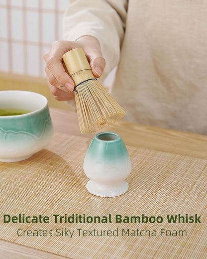 ZENS Matcha Whisk Set, 6Pcs Matcha Set Includes Ceramic Bowl, Bamboo Whisk and Chasen Holder,Scoop, 304 Stainless Sifter & Tea Mat, Matcha Kit for Tea Ceremony, Blue