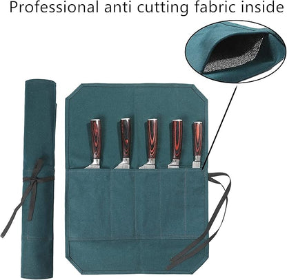 Chef's Knife Roll Bag, Heavy Duty Waxed Canvas With Cut-Resistant Lining Knife Bag (5 Slots, DarkGreen)