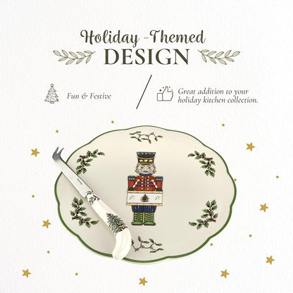 Spode Christmas Tree Nutcracker Cheese Platter with Knife - 9" Porcelain Holiday Serving Tray for Charcuterie - Dishwasher & Microwave Safe - Classic Christmas Tableware for Serving Festive Dishes