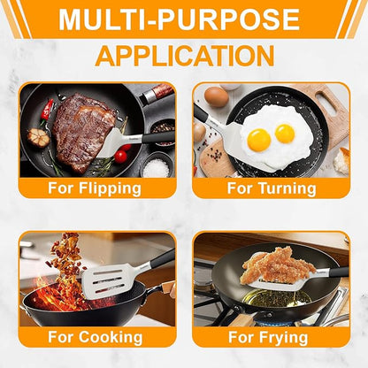 13.4 in Stainless Steel Spatula Set of 2, Heavy Duty Solid & Slotted Metal Spatula with Silicone Handle for Cast Iron Skillet, Egg, Burger and Grilling, Large
