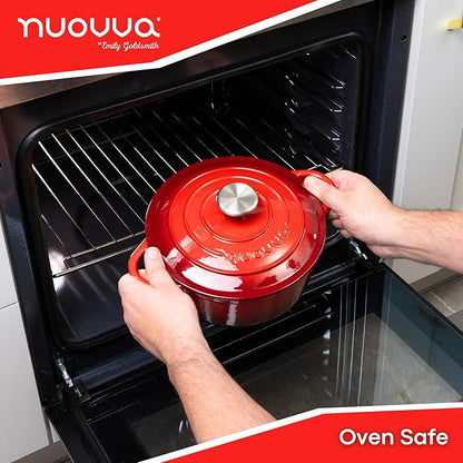Cast Iron Pot with Lid – Non-Stick Ovenproof Enamelled Casserole Pot, Oven Safe up to 500° F – Sturdy Dutch Oven Cookware – Red, 5-Quart, 24cm – by Nuovva
