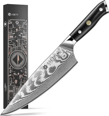 Damascus Chef Knife: 8-inch Razor-Sharp Japanese Chef Knife with VG10 Steel Core, Full Tang G10 Handle, NSF Food-Safe Professional Kitchen Knife with Sheath, Christmas Elegant Box