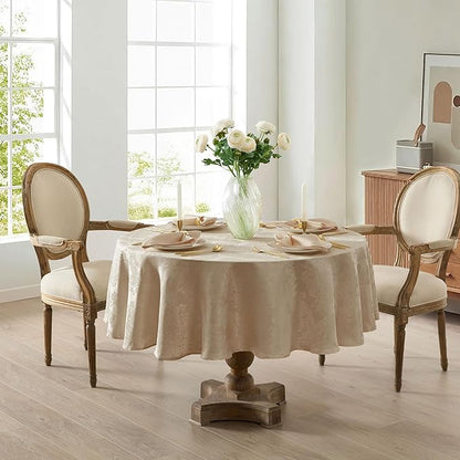 Newbridge Barcelona Luxury Damask Fabric Tablecloth, 70” Round, Golden Beige, 100% Polyester, No Iron, Soil Resistant Dining Room, Party and Banquet Table Cover