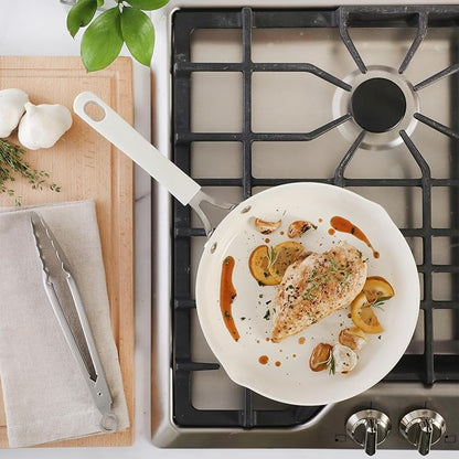Martha Stewart Heathland 9.5 Inch Aluminum Cookware Non-Toxic Premium Ceramic Non Stick Frying Pan, Kitchen Egg Pan, Omelet, Pots and Pans, Linen White, Induction Safe