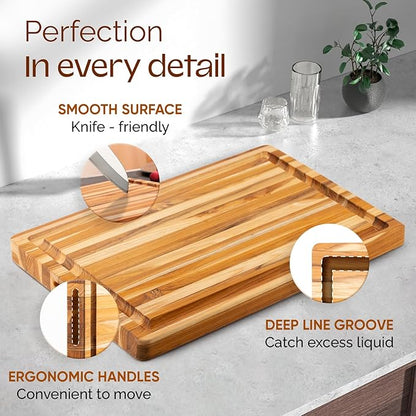 Yes4All Solid Teak Cutting Boards for Kitchen, [24''Lx18''Wx1.5”Thick] Extra Large Edge Grain Butcher Block Cutting Board, Food Safe Surface Wood Cutting Boards with Juice Grooves and Easy Grip Handle