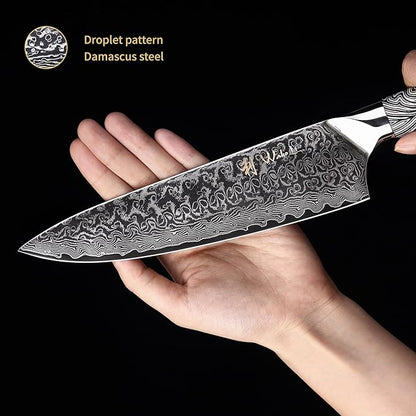 Wakoli Damascus Knife Block Set – 5-Piece Professional Chef Knife Collection with Magnetic Block | Genuine 67-Layer Damascus Steel Blades with VG10 Core | Ergonomic G10 Handles (Noir Blanc)
