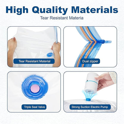 HOUSE DAY 10 Jumbo Vacuum Seal Bags For Clothing Travel, 80% Space Saving Travel Vacuum Bags with Electric Pump, Vacuum Storage Bags For Clothes, Comforters, Blankets, Moving, Reusable & Durable