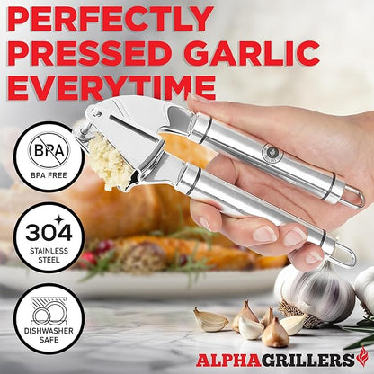 Alpha Grillers Garlic Press Stainless Steel - Professional Garlic Mincer and Crusher with Silicone Peeler Dishwasher Safe