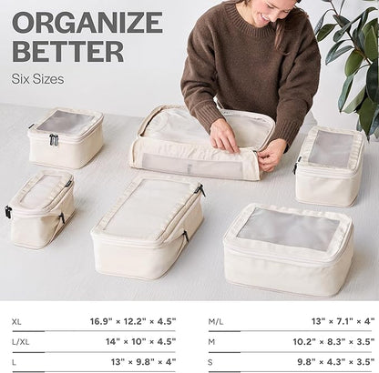 Aerotrunk Compression Packing Cubes for Travel - Luggage Organizer Bags - Double Zipper Packing Cubes for Suitcases (6-Pack, Beige)