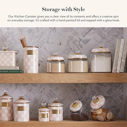MACKENZIE-CHILDS Rosy Check Kitchen Canister, Decorative Pink-and-White Glass Storage Jar with Lid, Medium
