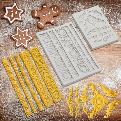 4 Pcs Baroque Style Silicone Molds Curlicues Scroll Lace Fondant Molds Relief Flower Mould Filigree Mold 3D Sculpted for Gummy Sugar, Cupcake Topper, Polymer Clay, Crafting Projects