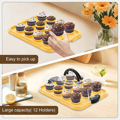 MinBoo Reusable Bamboo Cupcake Storage for Birthday Holiday Party Bakery Supplies Containers Portable 12 Standard-Size Cupcakes with Heightened Transparent Lid & Carry Handle