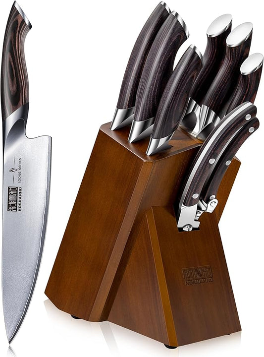 HOSHANHO 8-Piece Kitchen Knife Set, Japanese High Carbon Super Steel Knife Sets with Block, Professional Ultra Sharp Chef Knife Set with Scissors