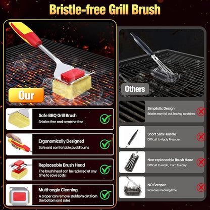 Grill Brush Bristle Free for Outdoor Grill, Steam Grill Cleaning Brush Replaceable BBQ Cleaner Brush Head,Extended Handle, Safe Grill Brush with Scraper for Cast Iron Stainless-Steel Grates,Red