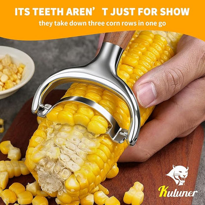 KULUNER Durable Stainless Steel Corn Peeler with Polished Wood Handle Corn on the Cob Stripper Kernel Remover Easy Use Corn Kernel Cutter Kitchen Gadget（Burma Teak）