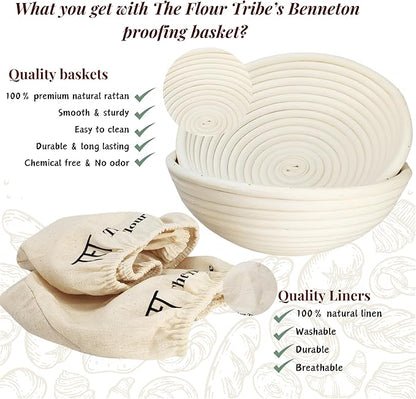Banneton Bread Proofing Basket: Sourdough Bread Baking Supplies, Sourdough Starter Kit, Bread Making Supplies Tools, Baking Gift Set, 9 inch round rattan Basket, bread bag, dough scraper, scoring lame