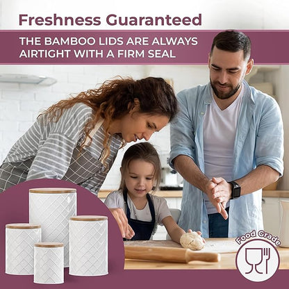 Pebble & Stem® White Metal Canister Set for the Kitchen Counter, Food Canister Set of 4, Airtight Lids, Sugar and Flour Containers for Countertops, Coffee and Tea Storage, Farmhouse Decor