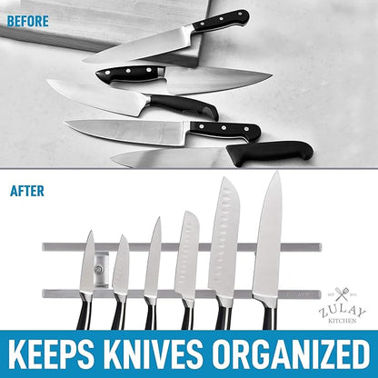 Zulay (12 Inch) Stainless Steel Magnetic Knife Holder For Wall - Powerful Knife Magnetic Strip With Extra Hanging Hooks - Wall Mount Magnetic Knife Strip & Organizer For Kitchen & Tools (Silver)