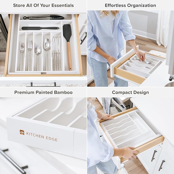 KitchenEdge Premium Silverware, Flatware and Utensil Organizer for Kitchen Drawers, Food-Safe Contract Grade, Expandable from 14.5 to 25 In, White Bamboo