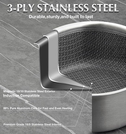 KOCH SYSTEME CS Hybrid Nonstick Stainless Steel Sauce Pan with Steamer Insert, 18/10 Steel 2QT Sauce Pan with Lid, Triple Stainless Steel Pot with Honeycomb Interior, Induction Compatible & Oven Safe