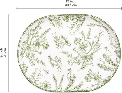Bico Green Garden Toile De Jouy 16 plus 12 inch Oval Platters Set, Set of 2, Microwave and Dishwasher Safe, for Serving Fish, Chicken, Turkey