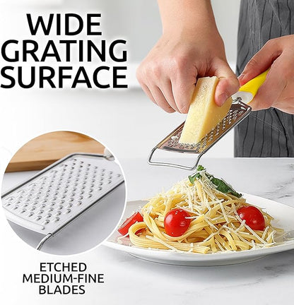 Zulay Kitchen Professional Cheese Grater Stainless Steel - Durable Rust-Proof Metal Lemon Zester Grater With Handle - Flat Handheld Shredder for Parmesan, Chocolate, Spices, And More - Yellow