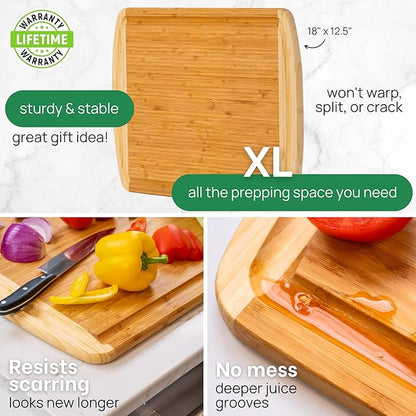 Organic Extra Large Bamboo Cutting Board with Lifetime Replacements –18 x 12 Inch Reversible Wooden Kitchen Chopping Board with Juice Groove – Used to Chop, Slice, Carve & Serve – by Greener Chef