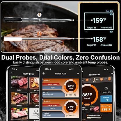 Niitawm Bamboo Dual Probe Wireless Meat Thermometer, Bluetooth Meat Thermometer Digital Wireless App, Long Range Temp Air Fryer Thermometer, Oven Thermometer, Food Grilling Accessories, Cooking Gifts