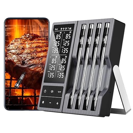 Wireless Meat Thermometer with Smart Timer & APP Alerts, 800ft Bluetooth Grill Food Thermometer, 4 X 0.19In Ultra Thin Probes, ±0.5℉ Accuracy, Big Digital Backlit Screen, for BBQ, Oven, Smoker