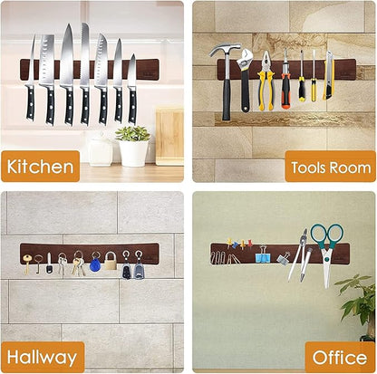 HOSHANHO Magnetic Knife Strips, Magnetic Knife Holder for Wall 16 Inch, Acacia Wood Knife Magnetic Strip Use as Knife Bar, Knife Holder for Kitchen Utensil Organizer