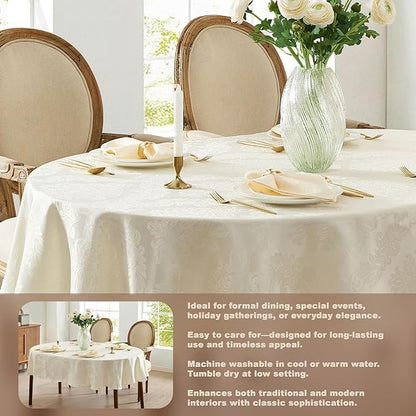 Newbridge Barcelona Luxury Damask Fabric Tablecloth, 60” Wide x 120” Oval, Antique White, 100% Polyester, No Iron, Soil Resistant Dining Room, Party and Banquet Table Cover