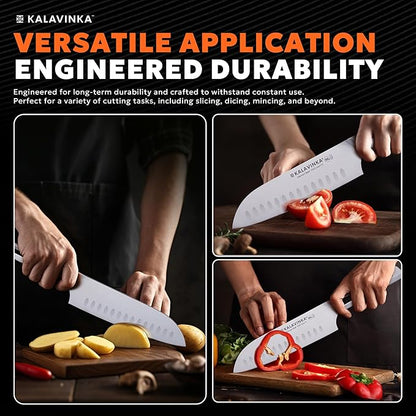 7" Professional Santoku Knife, Ultra Sharp German Steel Blade, Balanced Grip, Ideal for Chopping and Mincing, Gifted Sheath, Great for Cookouts (VENDANA)