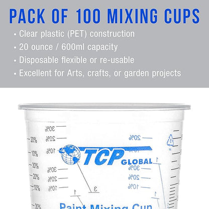 TCP Global 20 oz. (600ml) Graduated Plastic Mixing Cups - Box of 100 with 50 Mixing Sticks - Disposable Plastic Measuring Cups for Liquids, Paints, Resin, Epoxy, Art, Kitchen - Ratios 2-1, 3-1, 4-1 ML
