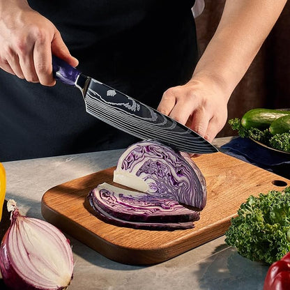 SENKEN 16-Piece Kitchen Knife Block Set - Japanese Chef's Knife Set with Laser Damascus Pattern, Includes 6 Steak Knives and Smoothly-Finished Acacia Hardwood Knife Block (Purple Resin Handles)