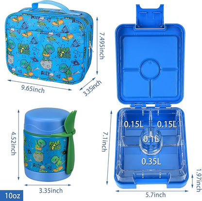 Bento Lunch Box Set for Kids with 10oz Soup Thermo, Leak-Proof Lunch Containers with 4 Compartment, Kids Thermo Hot Food Jar and Insulated Lunch Bag for Kid to School,BPA-Free(Dragon)