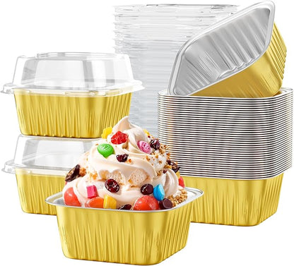 40 Pack 5 OZ Mini Cake Pans with Lids, Disposable Square Aluminum Foil Brownie Baking Cups, Mini Aluminum Foil Cupcake Muffin Tin Ramekins, Flan Molds Cake Containers for Wedding Birthday Party