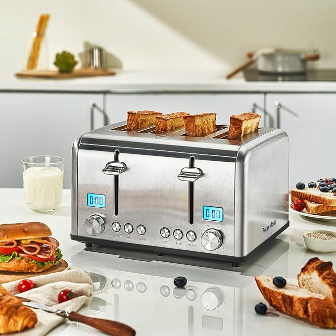 Roter Mond Countdown Stainless Steel 4 Slice Toaster with Bagel, Defrost, Cancel Function, Dual Toaster, Extra Wide Slots, 6 Shade Settings, Removable Crumb Trays, 1650W