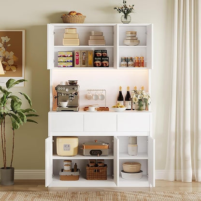 Garvee Kitchen Pantry Cabinet,71 in Tall Storage Cabinet with Doors&Shelves Adjustable, Kitchen Storage Hutch with Microwave Shelf, Led Lights&Charging Station,Corner Pantry Cabinet