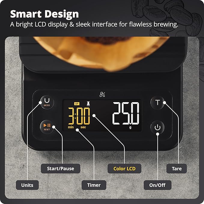 Greater Goods 0.1g Precision Coffee Scale with Timer – 3kg Digital Scale for Pour-Over, Espresso, French Press, Kitchen Use (Onyx Black)