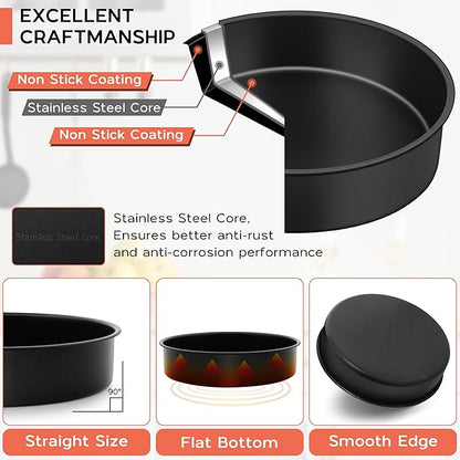 Onader 8 Inch Cake Pan, Stainless Steel Round Smash Cake Bake Pans Set of 3, Nonstick & Non Toxic Birthday Wedding Baking Tins
