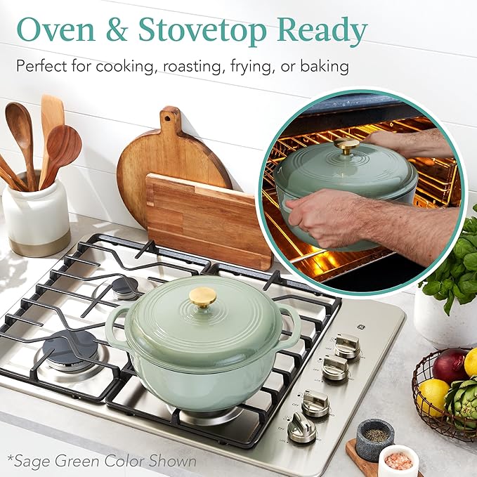Best Choice Products 6 Quart Enamel Cast-Iron Round Dutch Oven, Family Style Heavy-Duty Pre-Seasoned Cookware for Home, Kitchen, Dining Room, Oven Safe w/Lid, Dual Handles - Deep Olive Green